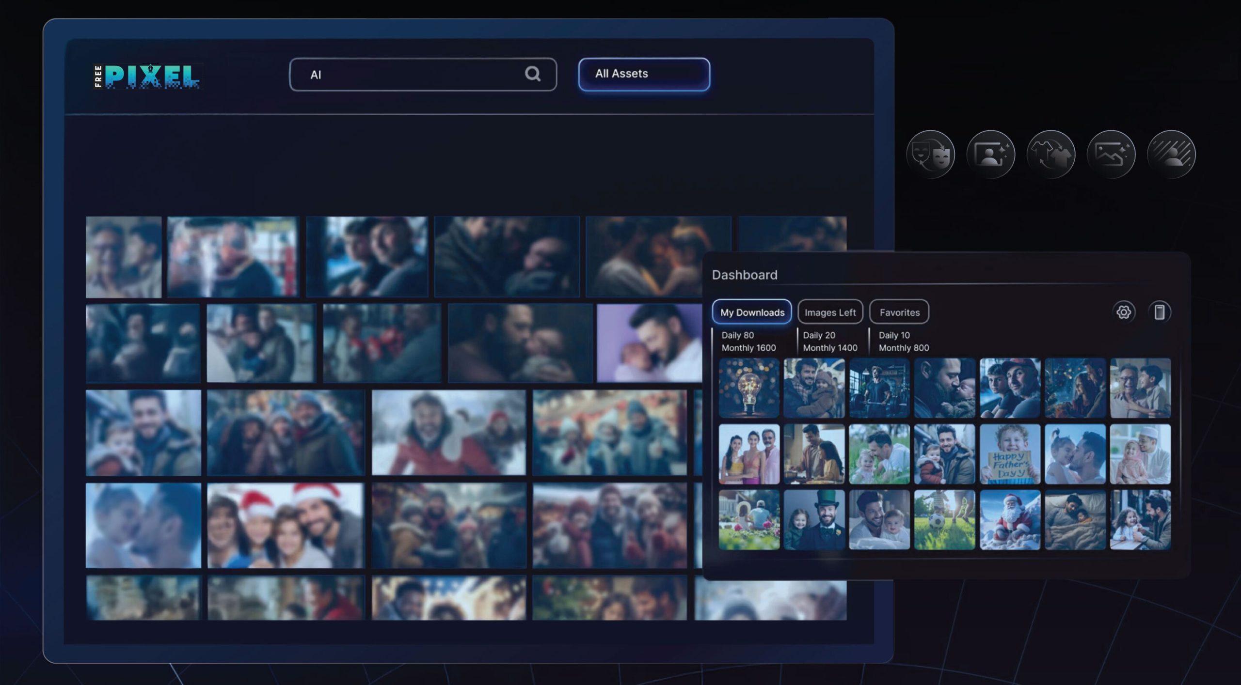 FreePixel dashboard interface with AI image search and downloads panel