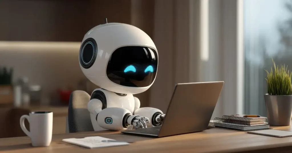 AI-powered imagery robot assistant working on a laptop for faster content creation