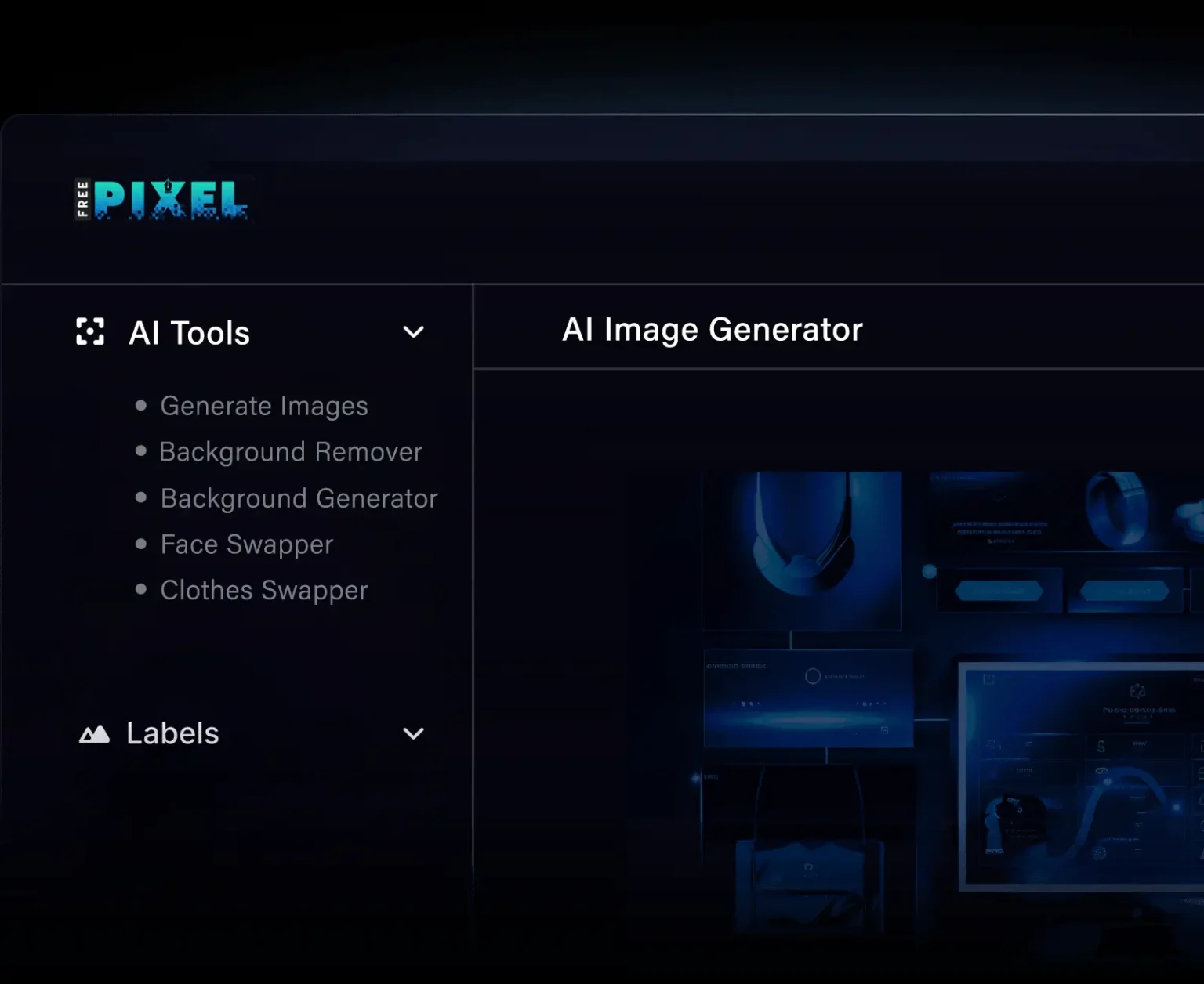 FreePixel AI tools interface showing AI image generator and creative editing tools