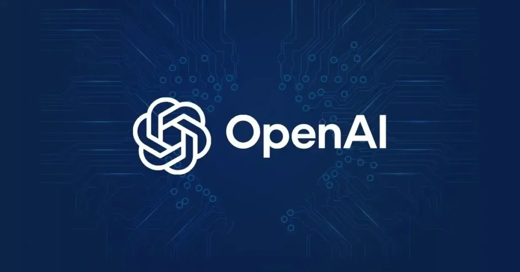 AI development -- OpenAI logo on a dark blue technology circuit background