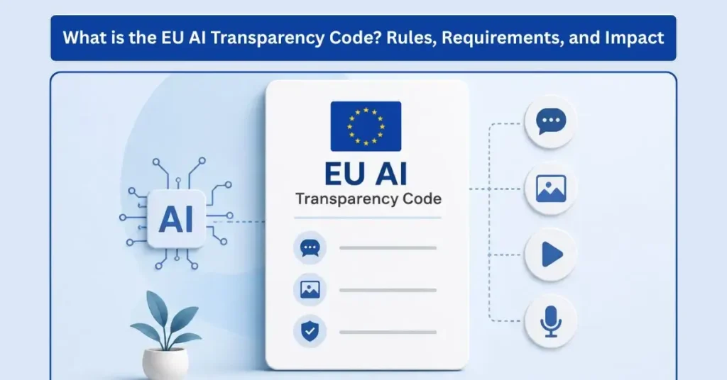 EU AI Transparency Code with an AI document, digital icons, and compliance checklist.