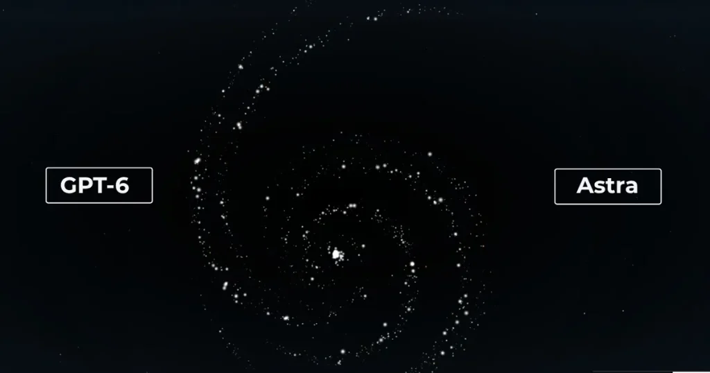 GPT-6 Astra represented by a glowing spiral interface with GPT-6 and Astra labels