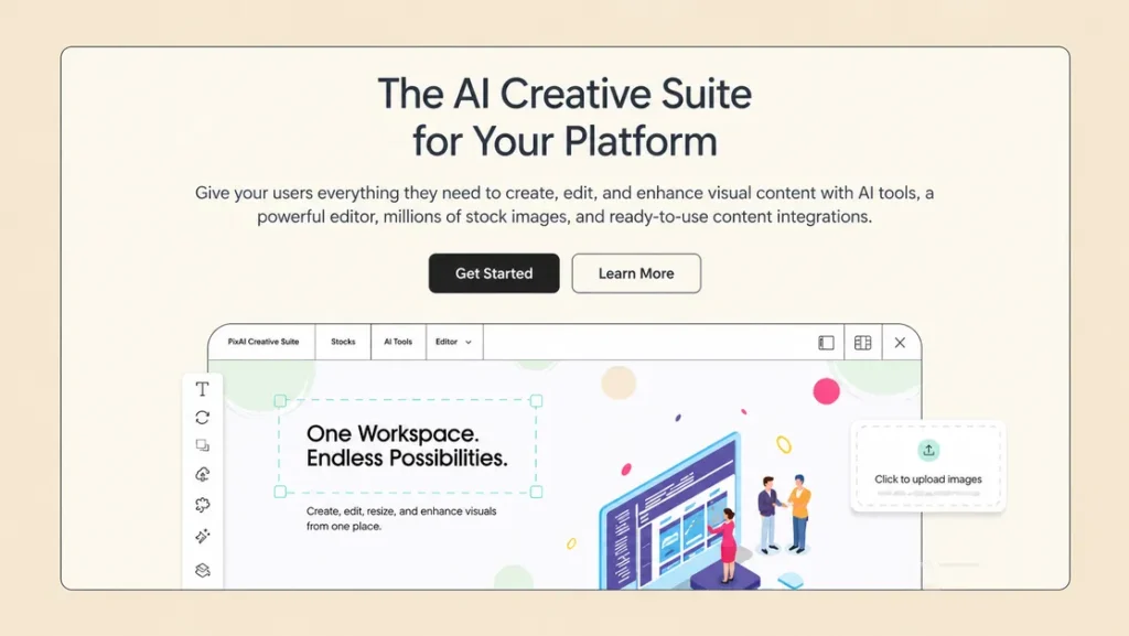 AI Creative Suite integration for websites and platforms with stock media, AI image generation, and image editing tools.